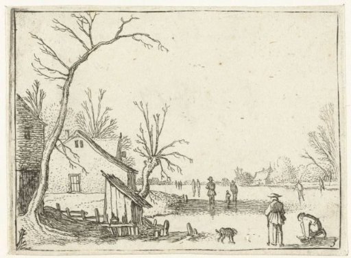 Farmhouse by a frozen river with skaters on the ice