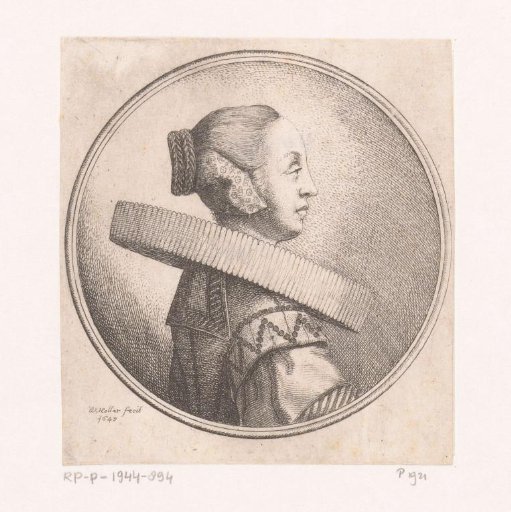 Woman with pleated collar and braided knot