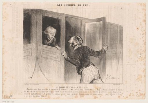 Caricature of a traveler who has overslept on the train