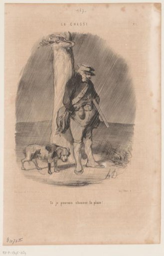 Caricature of a hunter in the rain