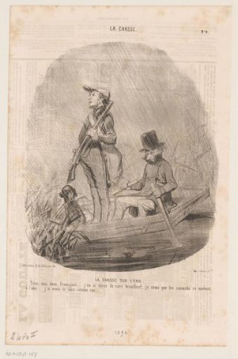 Caricature of two hunters on a boat in the rain