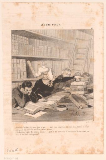 Caricature of a writing woman in the library