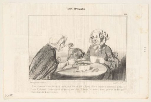 Two old women at a table with a dog
