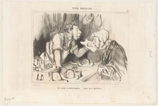 An Old Woman Smelling a Piece of Meat from the Butcher