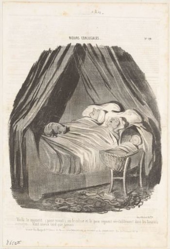 A Sleeping Couple with a Baby in a Cradle