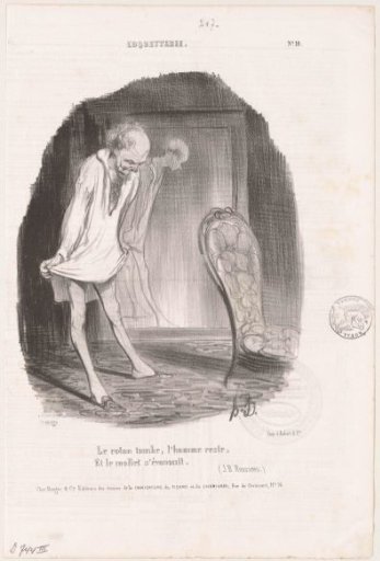 Old man in nightgown looks at his legs in the mirror