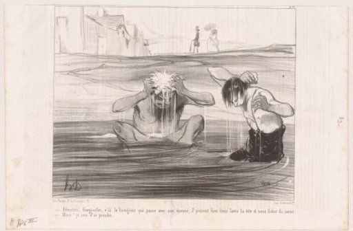 Two men bathe in a river