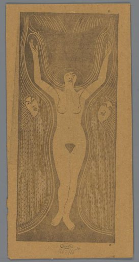 Standing naked woman with raised arms