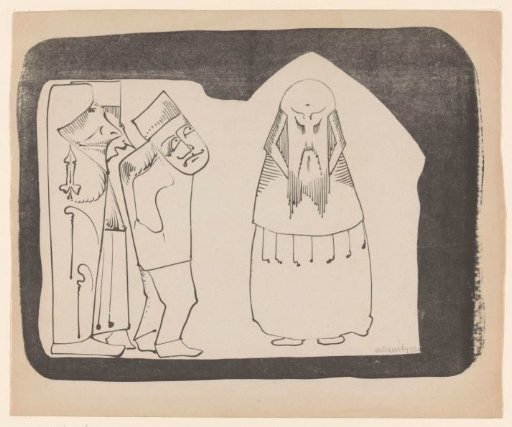 Fantasy: three figures on the left facing right, on the right a frontal Chinese-like figure