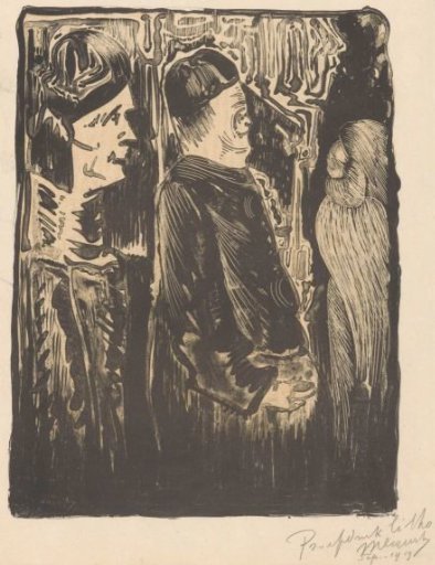 Fantasy: on the left two figures with caps facing right, on the right an etched figure with a feathered costume