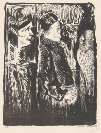 Fantasy: on the left two figures with caps facing right, on the right an etched figure with a feathered costume