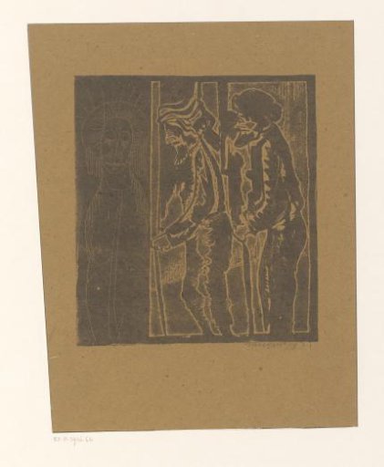 Two Men Near Figure with Closed Eyes