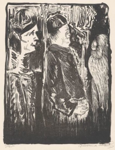 Fantasy: on the left two figures with caps facing right, on the right an etched figure with a feathered costume