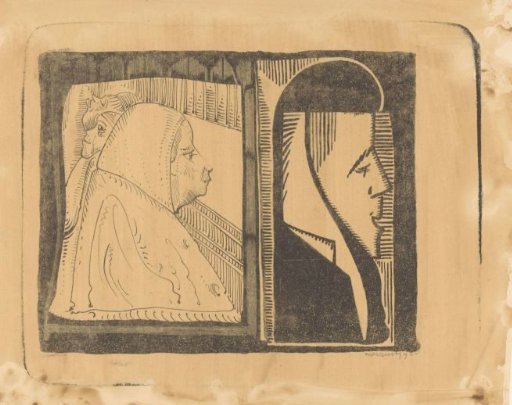 Fantasy: two frames, in each a profile to the right (and in the left frame two smaller profiles to the left)
