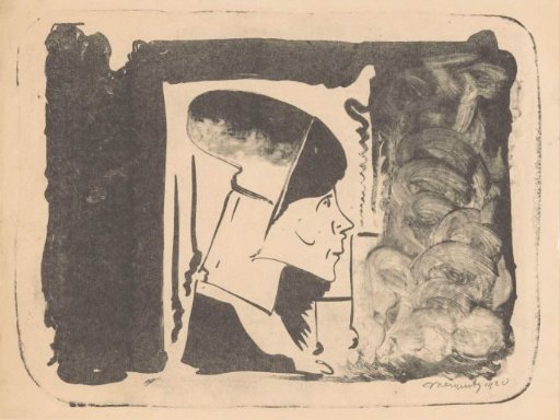 Fantasy: profile head to the right in a white rectangle, surrounded by black (black wash in the bottom right)