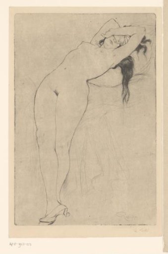 Nude woman with hands before her face and upper body resting on a cushion