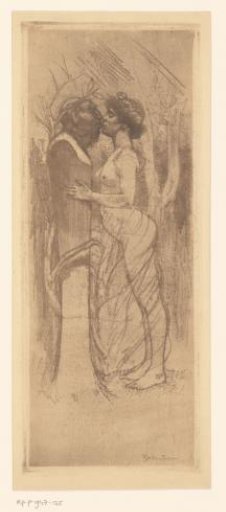 Nude woman kissing a statue of a faun