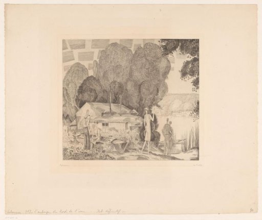 Figures by a house on the water