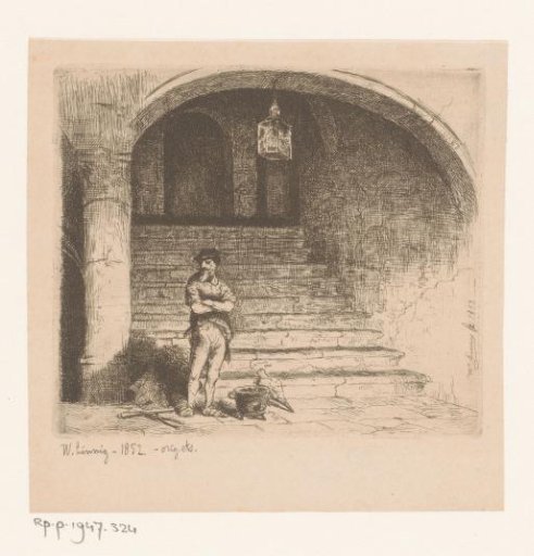 Man standing next to a cauldron by a staircase