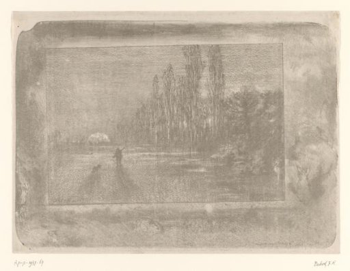 Hunter with dog in a landscape at sunrise