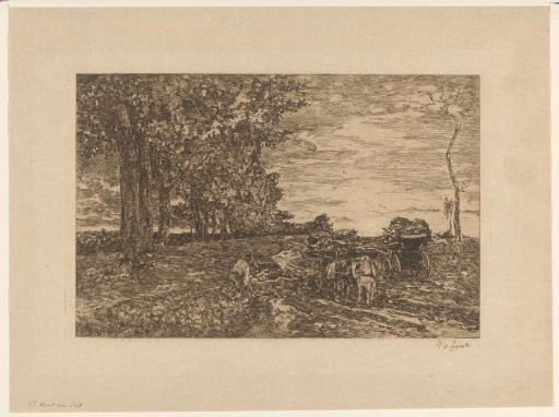Landscape with man and two carts with brushwood