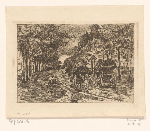 Landscape with man and two carts with brushwood