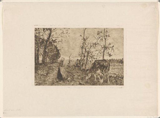 Woman with a Cow on a Leash on a Country Road