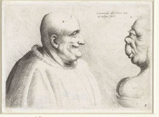 Heads of a large bald man and a grotesque woman