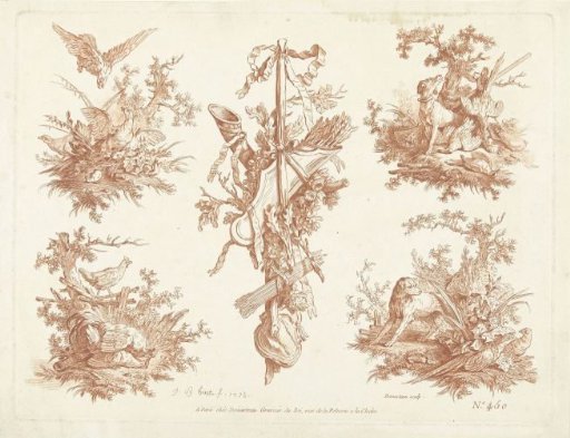 Study sheet with five vignettes depicting hunting motifs