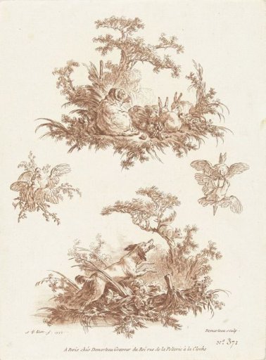 Two Scenes, Above: Ram and Rabbits, Below: Barking Dog and Squirrel
