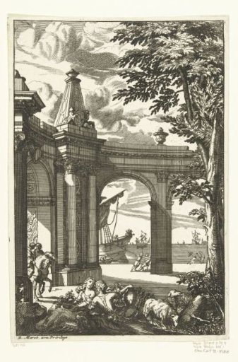 Colonnade with a view of a harbor