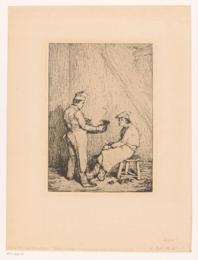 Standing cook with a pan and seated cook with a knife