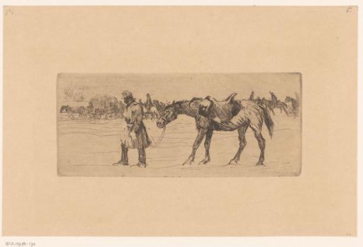 Snowscape with a procession of soldiers and horses