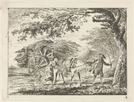 Man and a woman by a loaded ox cart
