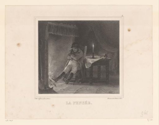 Napoleon sitting with arms crossed on a chair in front of a fireplace