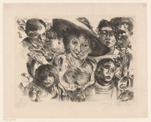 Woman with hat surrounded by a group of faces