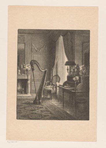 Interior with fireplace, secretaire and harp