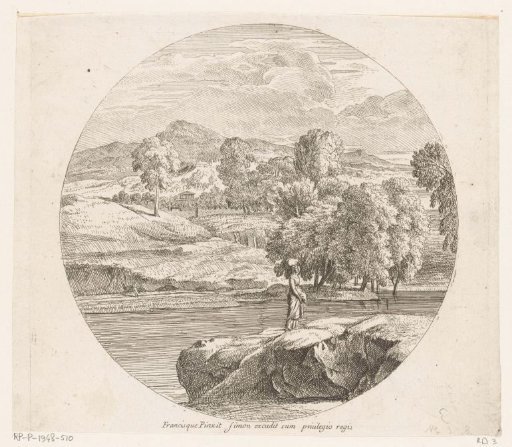 Arcadian river landscape with a young woman carrying a bundle on her head