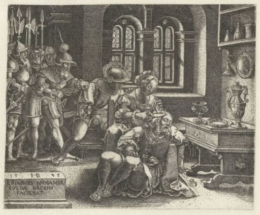 Delilah Cuts the Hair of Sleeping Samson while Philistines Wait