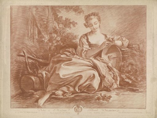 Young woman seated with a shield bearing a heart pierced by an arrow