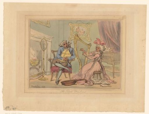 Woman playing harp beside a sleeping man next to the fireplace