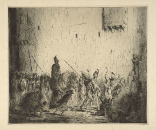 Prince riding on horseback through a city