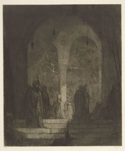 Standing and seated figures in the forecourt of a mosque