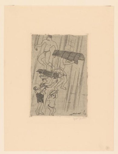 Men, children, and a woman in the rain