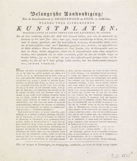 Announcement of the publication of two prints of the Rapenburg in Leiden, for the gunpowder explosion, 1808