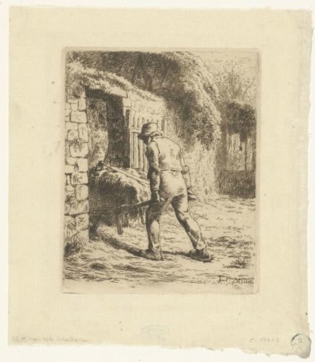 Peasant Walking with a Wheelbarrow on a Farmyard