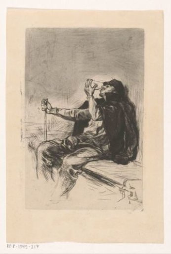 Drinking man with walking stick