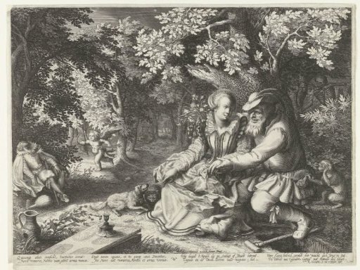 Death and Cupid shooting each other's arrows and an old man courting a young woman