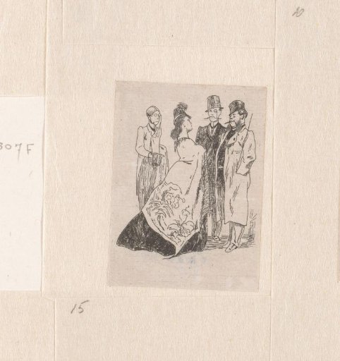 Woman in Conversation with Three Men with High Hats