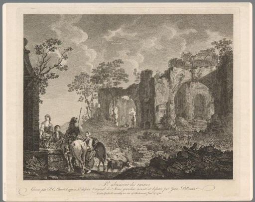 Landscape with ruins and four figures at a drinking fountain